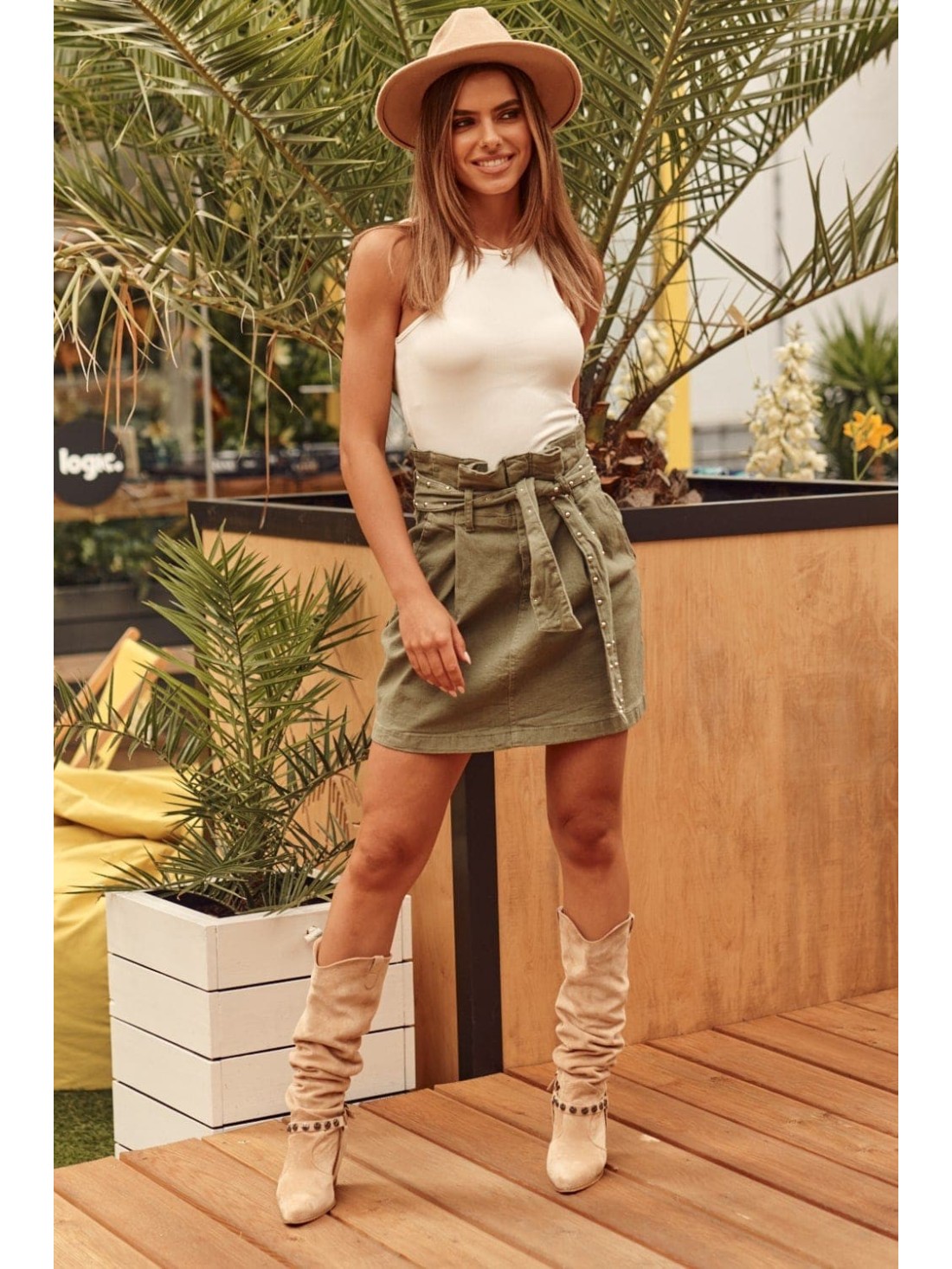 High-waisted denim skirt khaki 20559 - Online store - Boutique